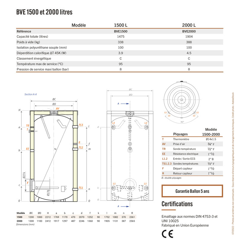 Caractéristiques techniques Ballon solaire de stockage d'eau chaude sanitaire BVE 800 à 2000 litres, en acier émaillé, à circulation directe