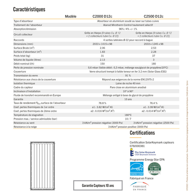 Caractéristiques techniques capteurs solaires thermiques de la série SYRIUS C2000 et C2500 - utilisation en individuel ou collectif, pour CESI, SSC, collectif et thermosiphon - Résistance neige et vent (zone 5), utilisation en altitude et zone cyclonique