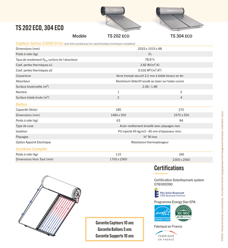 Caractéristiques techniques CES Thermosiphon TS-Eco SYRIUS