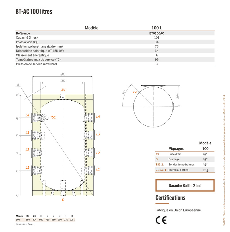 Caractéristiques techniques BT-AC Ballon tampon solaire 100 litres pour circuit d'eau glacée et chauffage sans échangeur