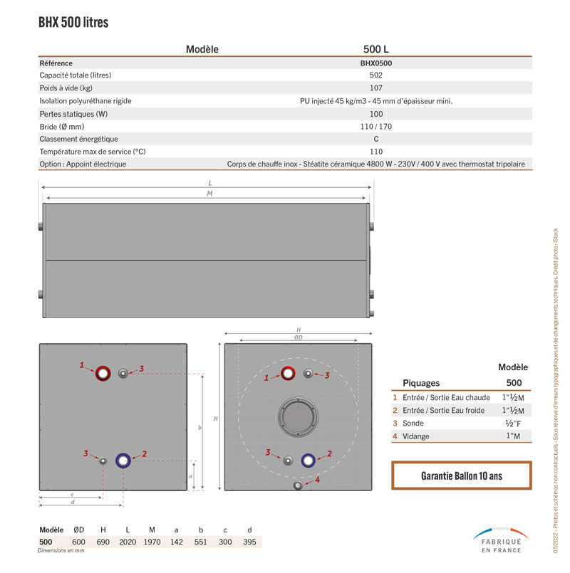 Caractéristiques techniques du ballon solaire modulaireBHX 500 litres