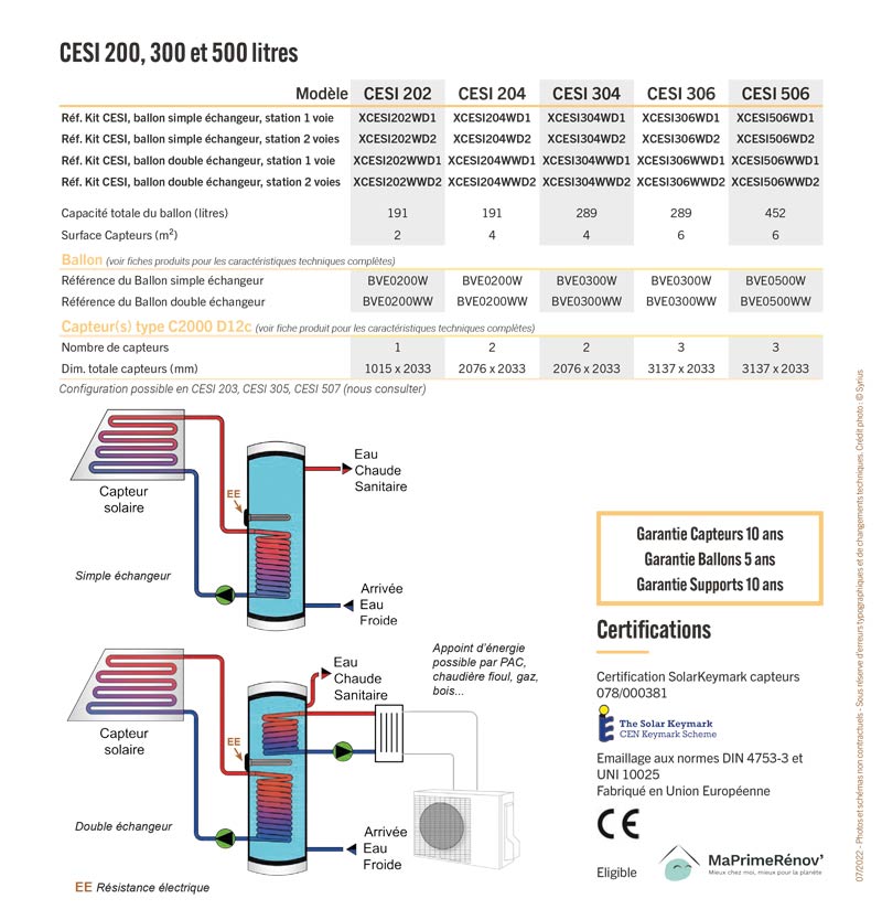 fiche technique du chauffe-eau solaire CESI à stations déportées