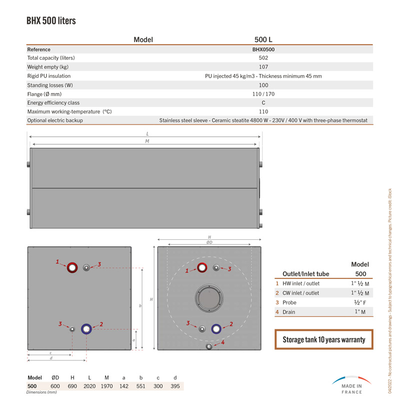 technical specifications of modular solar sanitory hot water solar storage tank BHX-500